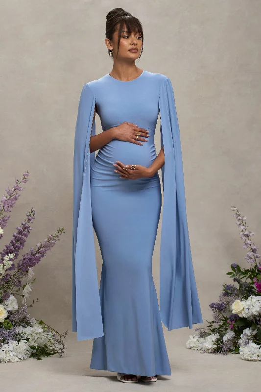 Tie-Front-Design Maxi Dresses -Divine Timing | Powder Blue Maternity Maxi Dress With Cape Sleeves