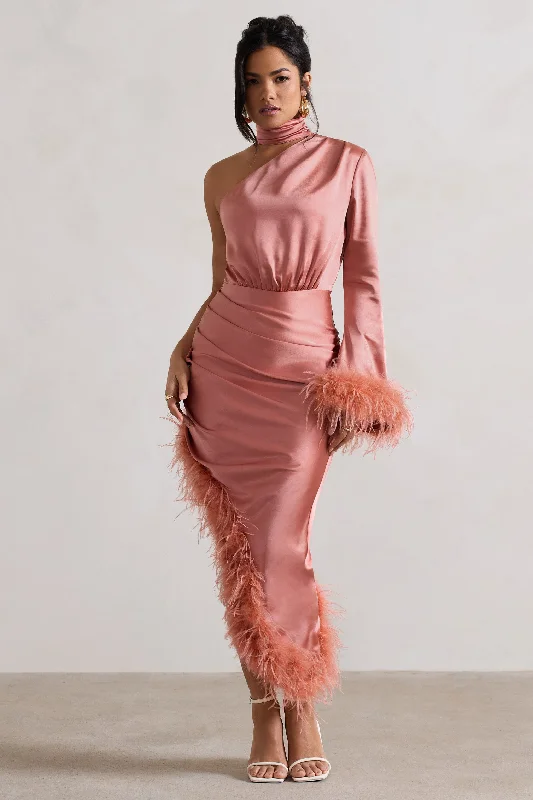 Swing-Skirt Maxi Dresses -Dolce | Coral Satin Asymmetric One Sleeve Maxi Dress With Feather Trims