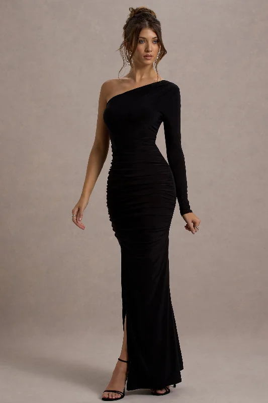 Maxi Dresses for Lake Dates -Doll | Black Asymmetric One Sleeve Ruched Maxi Dress