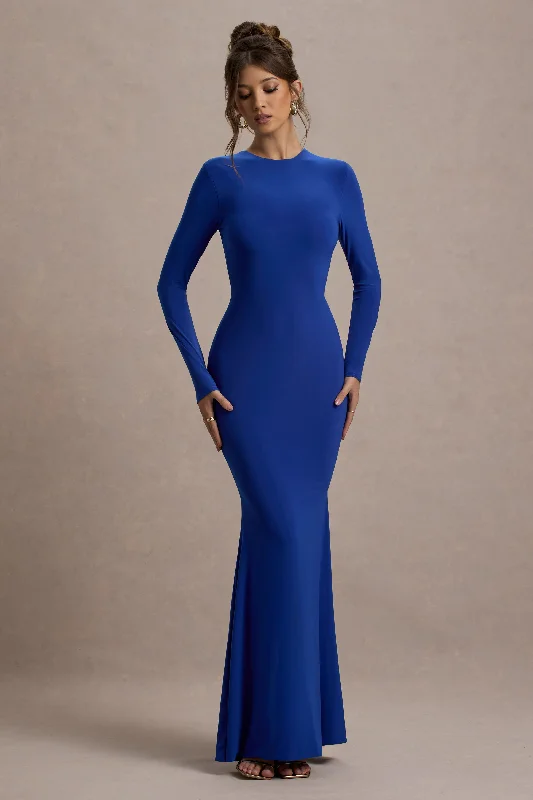 Sleeveless Maxi Dresses for Warmth -Donna | Cobalt Blue Long-Sleeved Open-Back Maxi Dress