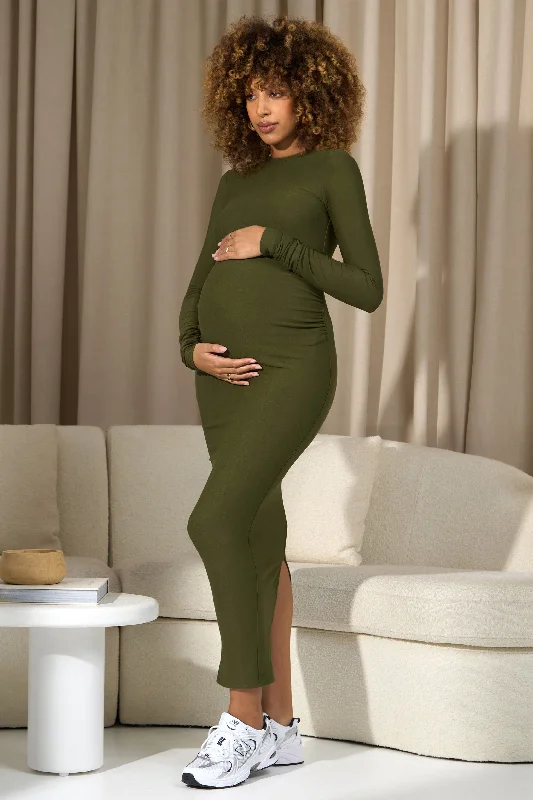 Maxi Dresses for Bridal Showers -Dove | Moss Green Bodycon Long-Sleeve Maternity Maxi Dress