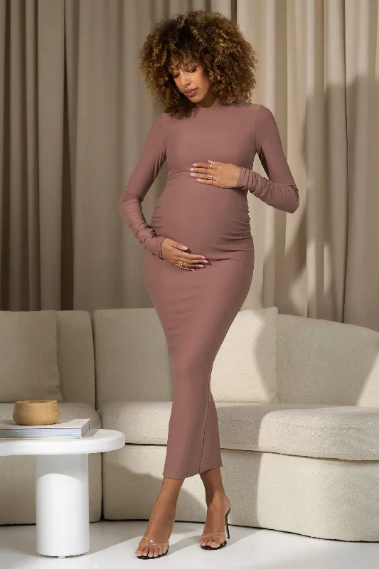 Vintage-Style Maxi Dresses -Dove | Warm Taupe Bodycon Long-Sleeve Maternity Maxi Dress