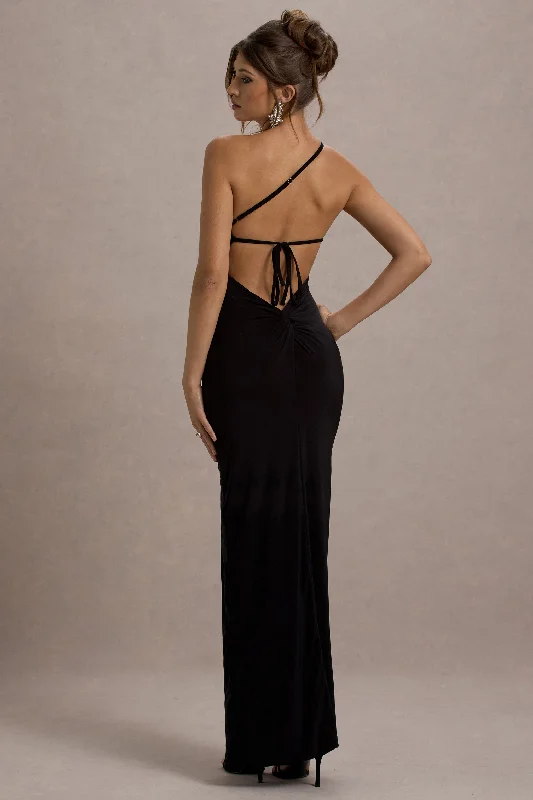 Cool-Silk Maxi Dresses -Dressing Up | Black One Shoulder Maxi Dress With Open Back Detail