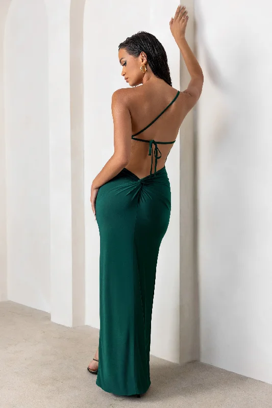 Chiffon Maxi Dresses for Lightness -Dressing Up | Bottle Green One Shoulder Maxi Dress With Open Back Detail