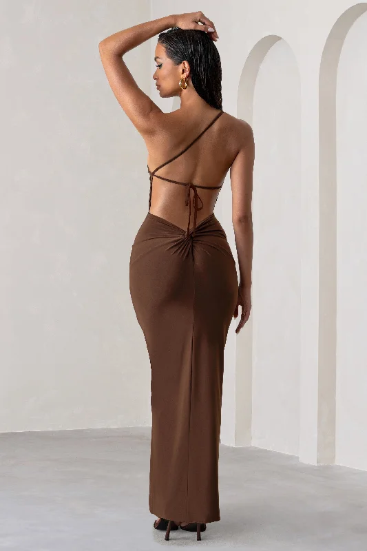 White Maxi Dresses for Beach Vibes -Dressing Up | Chocolate Brown One Shoulder Maxi Dress With Open Back Detail