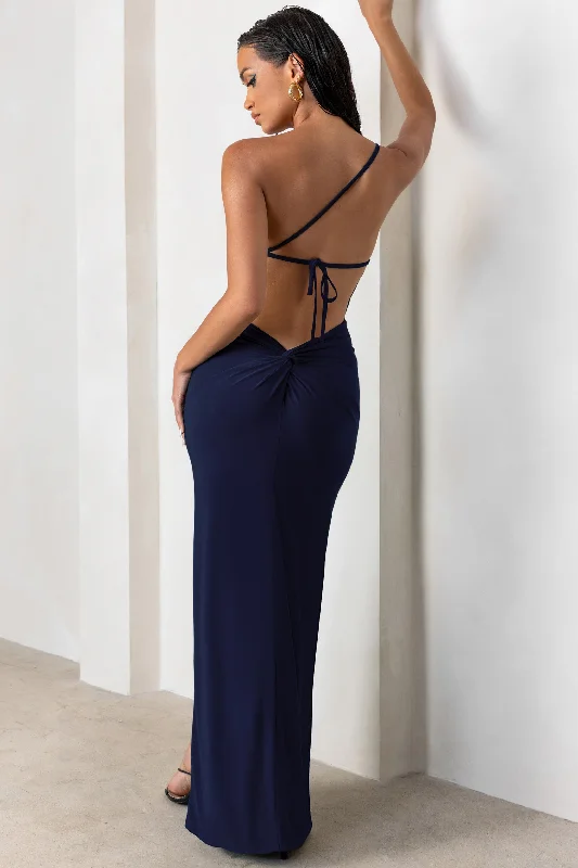 Wild-Hue Maxi Dresses -Dressing Up | Navy One Shoulder Maxi Dress With Open Back Detail