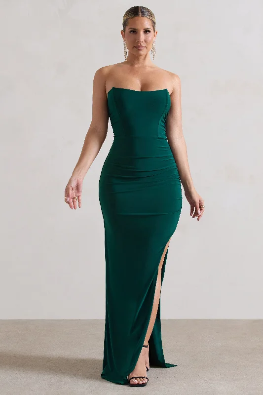 Vibrant Maxi Dresses -Eletta | Bottle Green Ruched Bandeau Asymmetric Maxi Dress