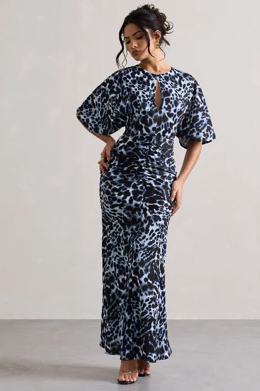 Scoop-Back Maxi Dresses -Elidy | Animal Print Ruched Flutter-Sleeve Cut-Out Maxi Dress