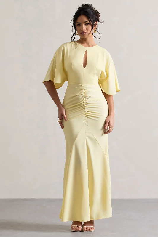 Maxi Dresses for Club Fun -Elidy | Pastel Yellow Ruched Flutter-Sleeve Cut-Out Maxi Dress