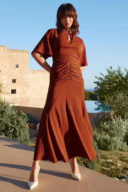 Bow-Back Maxi Dresses -Elidy | Terracotta Ruched Flutter-Sleeve Cut-Out Maxi Dress