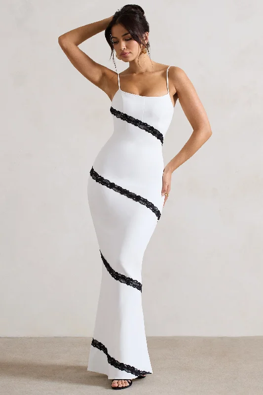 Maxi Dresses for City Nights -Elizabeth | White & Black Strappy Lace-Trimmed Maxi Dress