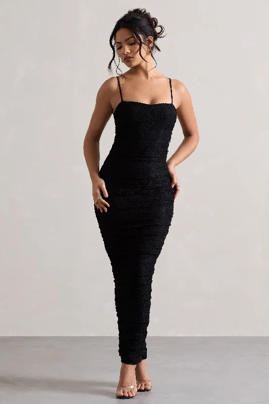 Mock-Neck Maxi Dresses -Ellis | Black Lace Strappy Bodycon Maxi Dress