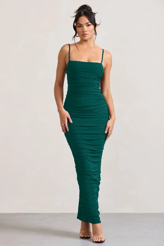 Elegant Maxi Dresses -Ellis | Bottle Green Ruched Mesh Strappy Bodycon Maxi Dress