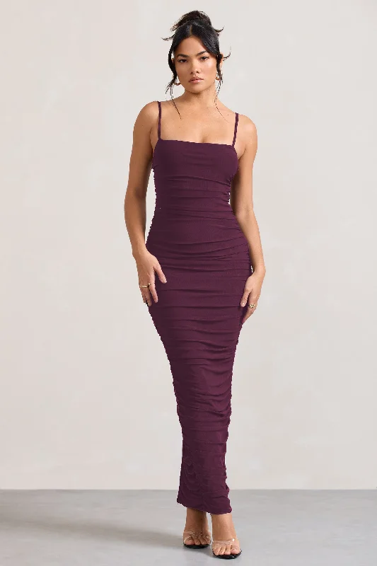 Knit Maxi Dresses -Ellis | Plum Ruched Mesh Strappy Bodycon Maxi Dress