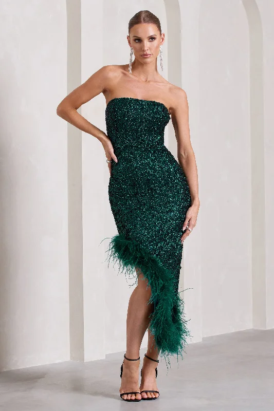 Dotted Maxi Dresses -Emulate | Bottle Green Sequin Asymmetric Bandeau Maxi Dress With Feathers