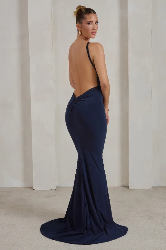 Dark Maxi Dresses for Evenings -Endless Love | Navy Backless Knot Detail Fishtail Maxi Dress