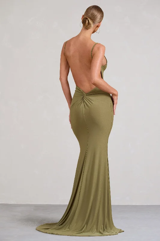 Buttoned Maxi Dresses -Endless Love | Olive Backless Knot Detail Fishtail Maxi Dress