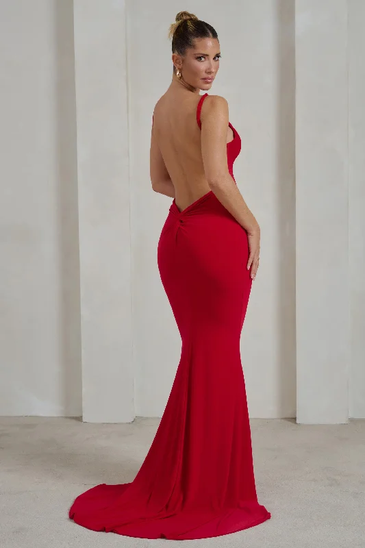 Soft Maxi Dresses for Comfort -Endless Love | Red Backless Knot Detail Fishtail Maxi Dress