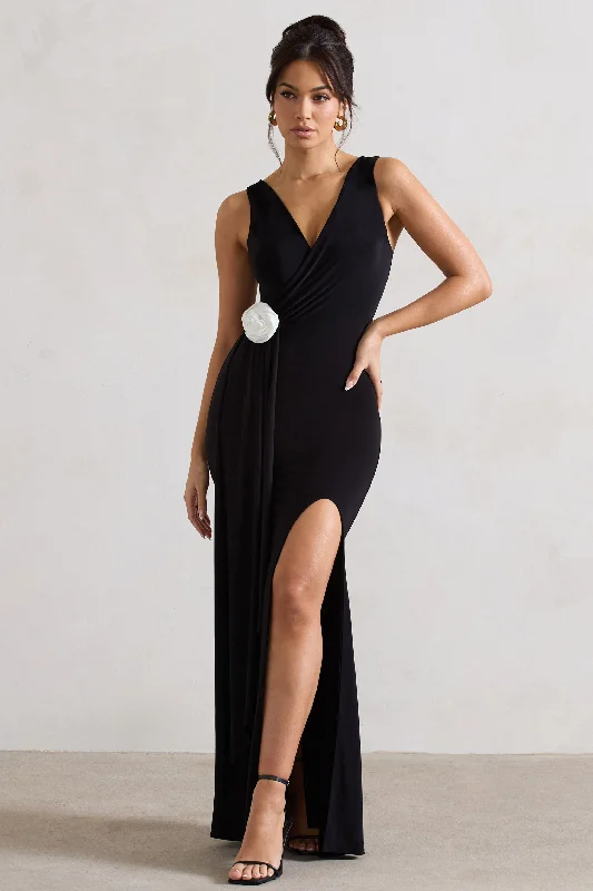 Rich-Cotton Maxi Dresses -Endora | Black Split Maxi Dress With Corsage & Drape