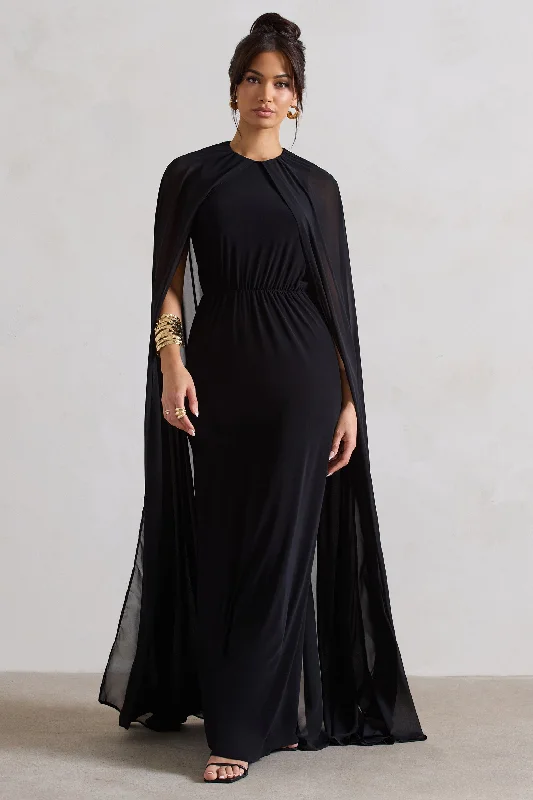 Thin-Velvet Maxi Dresses -Envy | Black Gathered Maxi Dress With Chiffon Cape