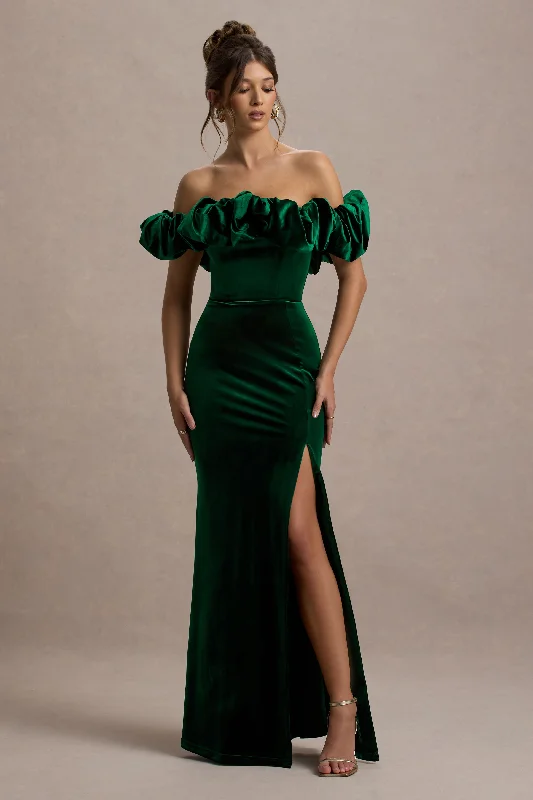 Maxi Dresses for Beach Evenings -Esmeralda | Bottle Green Velvet Structured Ruffled Bardot Maxi Dress