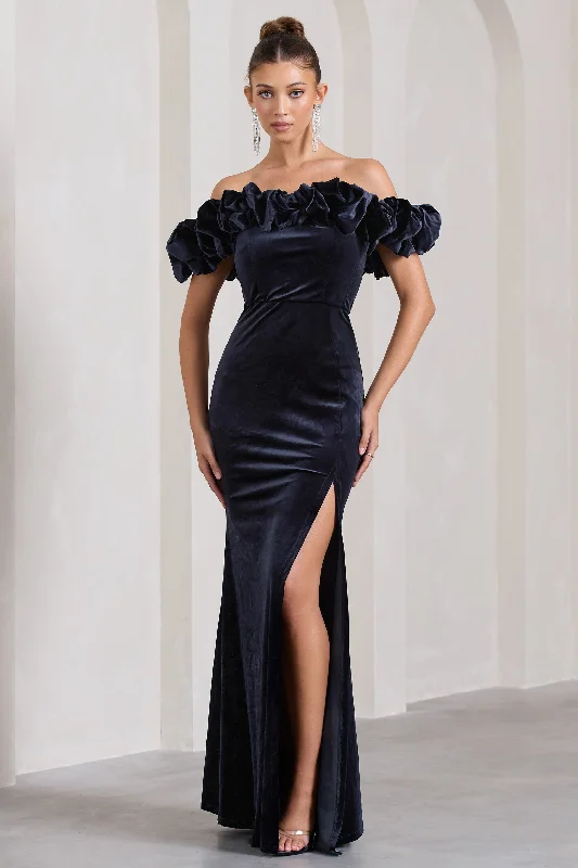 Twisted-Front Maxi Dresses -Esmeralda | Navy Velvet Structured Ruffled Bardot Maxi Dress