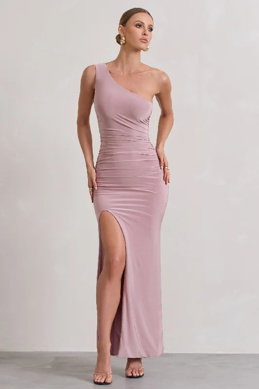 Chiffon Maxi Dresses -Ethereal | Dusky Lilac One Shoulder Ruched Split Maxi Dress