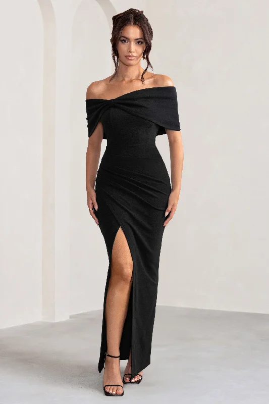 Side-Slit Maxi Dresses -Eva | Black Bardot Bow Detail Maxi Dress With Thigh Split