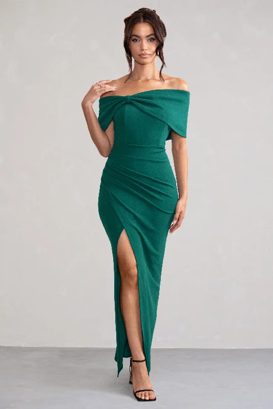 Halter Maxi Dresses for Summer -Eva | Green Bardot Bow Detail Maxi Dress With Thigh Split