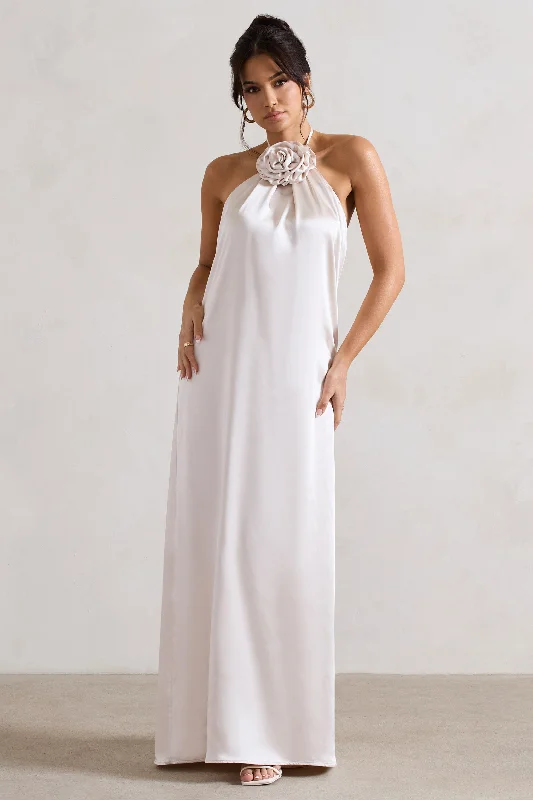 Long-Sleeve Maxi Dresses -Everleigh | Cream Satin Relaxed Fit Maxi Column Dress With Corsage