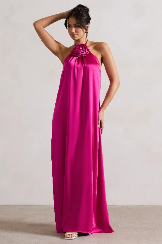 Belted Maxi Dresses for Definition -Everleigh | Dark Pink Satin Relaxed Fit Maxi Column Dress With Corsage