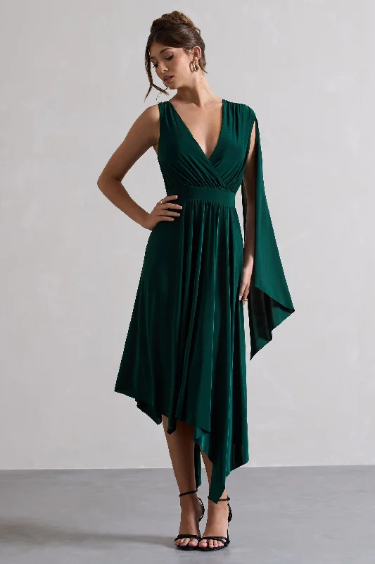 Maxi Dresses for Coffee Outings -Fable | Bottle Green Plunge-Neck Maxi Dress With Cape Sleeve