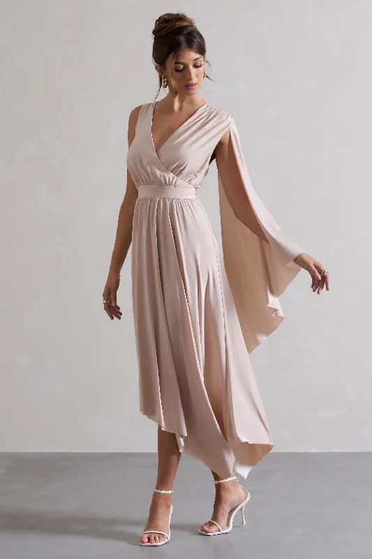 Open-Front Maxi Dresses -Fable | Champagne Plunge-Neck Maxi Dress With Cape Sleeve