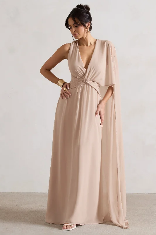 Slit Maxi Dresses -Fairytale | Champagne Plunge-Neck Chiffon Maxi Dress With Cape Sleeve