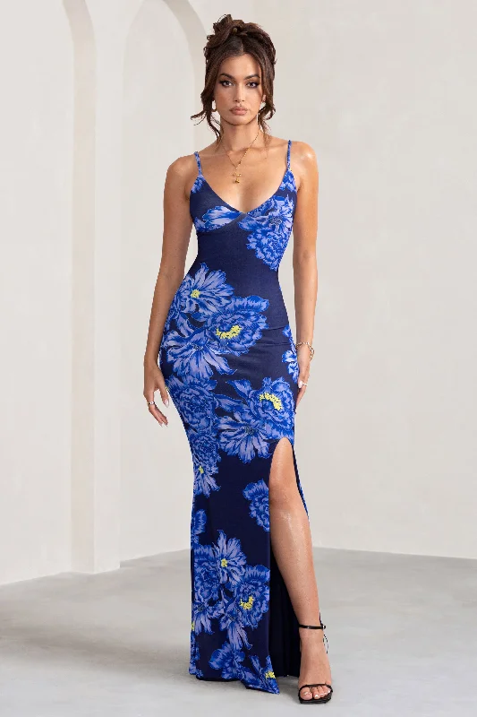 Flared Maxi Dresses for Flair -Farah | Blue Floral Print Plunge Neck Maxi Dress With Split Detail