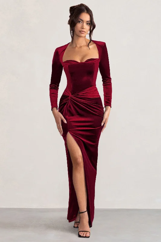 Maxi Dresses for Music Events -Fay | Berry Velvet Corset Style Knot Maxi Dress