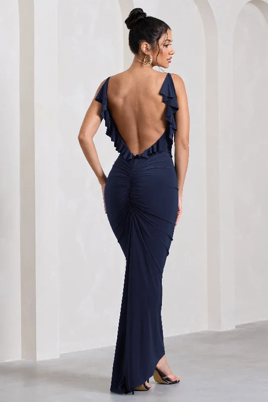 Twist-Front Maxi Dresses -Flute | Navy Bodycon Maxi Dress With Ruched Ruffled Back