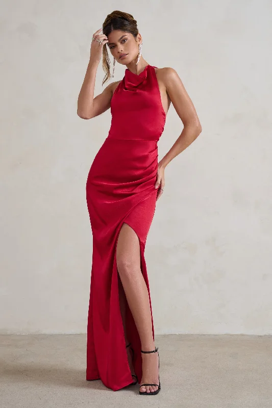 Maxi Dresses for Patio Fun -Forever Feature | Berry Red High Neck Wrap Maxi Dress