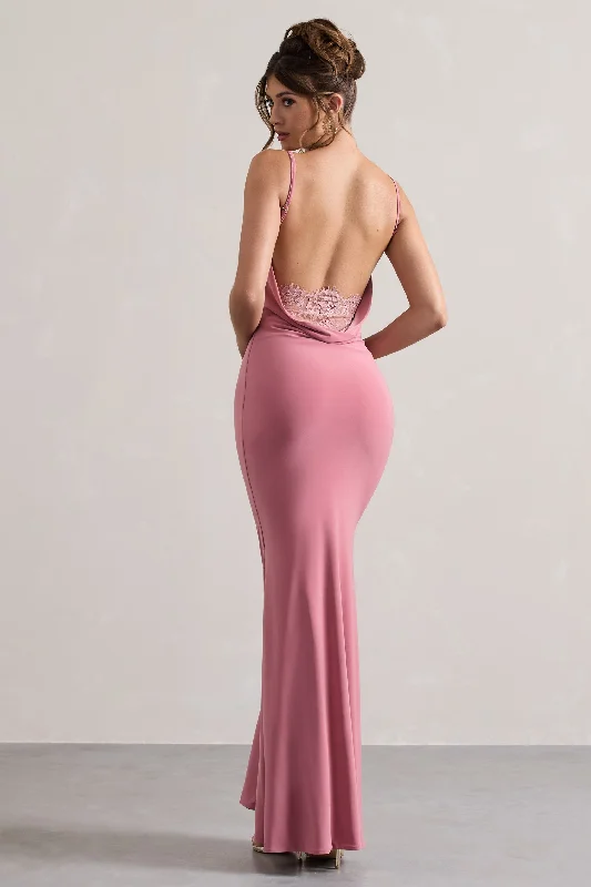 Tiered-Hem Maxi Dresses -Francoise | Blush Cowl Neck Backless Maxi Dress With Lace Insert