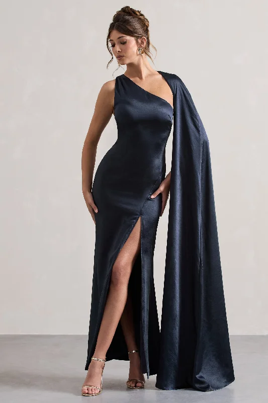 Rich-Velvet Maxi Dresses -Gala | Navy Satin One-Shoulder Cape Sleeve Split Maxi Dress