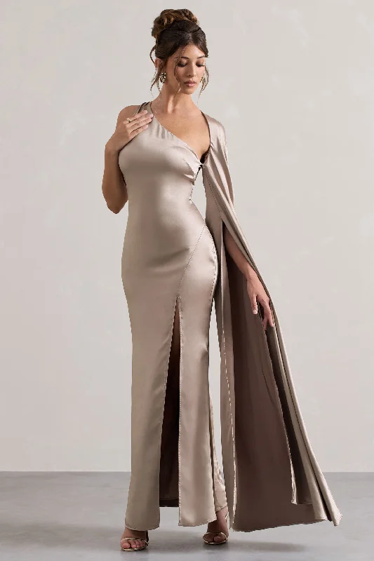 Airy Maxi Dresses -Gala | Taupe Satin One-Shoulder Cape Sleeve Split Maxi Dress