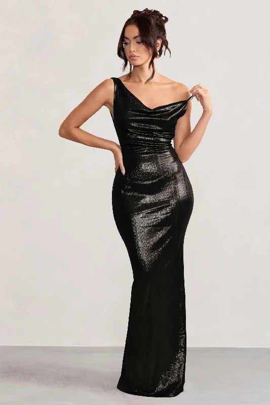 Bow-Back Maxi Dresses -Galaxy Shimmer | Black Bias Cut Cowl Front Maxi Dress