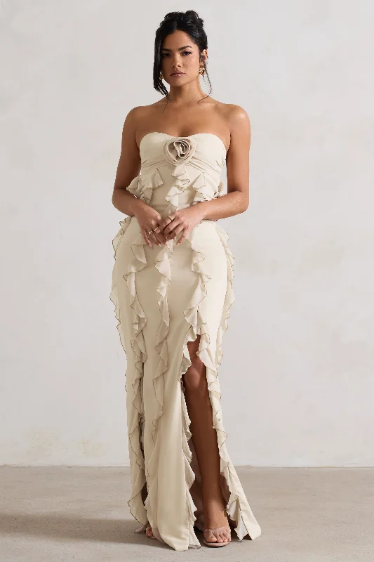 Warm-Hue Maxi Dresses -Gardenia | Champagne Strapless Ruffle Maxi Dress With Corsage