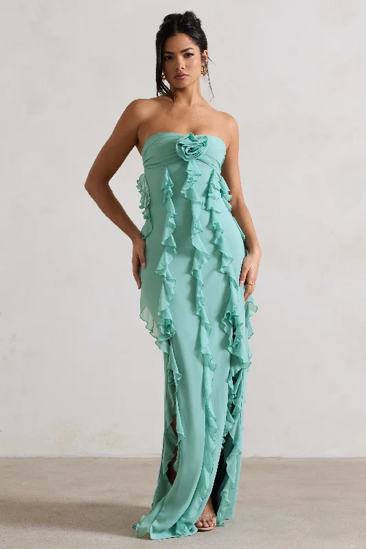 Wrap-Back Maxi Dresses -Gardenia | Mint Green Strapless Ruffle Maxi Dress With Corsage