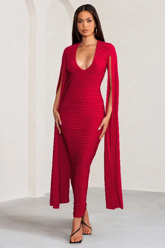 Asymmetrical Maxi Dresses -Georgiana | Red Plunge Ruched Maxi Dress with Cape Sleeves