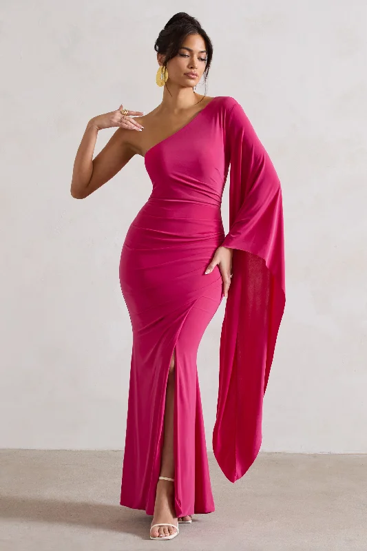 Cool-Wool Maxi Dresses -Giada | Dark Pink Ruched One Shoulder Cape Sleeve Maxi Dress