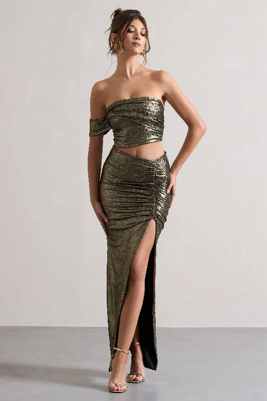 Maxi Dresses for Farewell Nights -Gilded | Gold Metallic One-Sleeved Cut-Out Split Maxi Dress