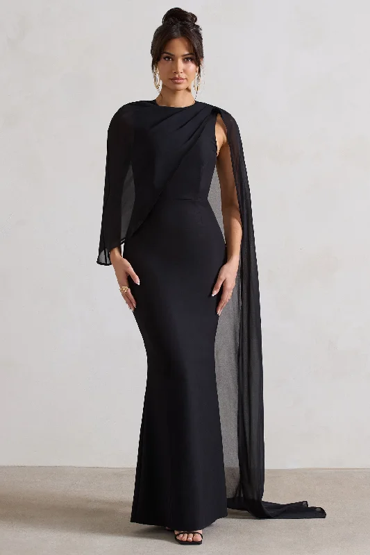 Cutout Maxi Dresses for Style -Haze | Black High-Neck Maxi Dress With Chiffon Cape