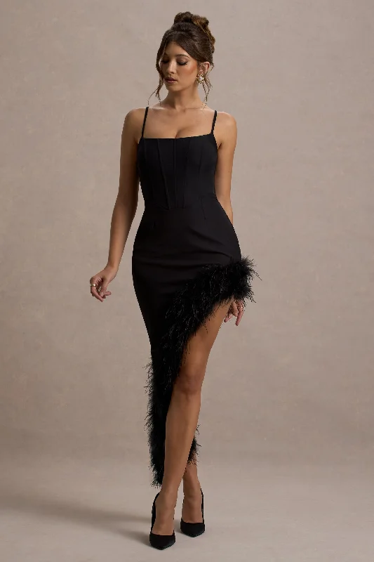 Maxi Dresses for Day Events -High Status | Black Strappy Corset Asymmetric Maxi Dress With Feather Trim