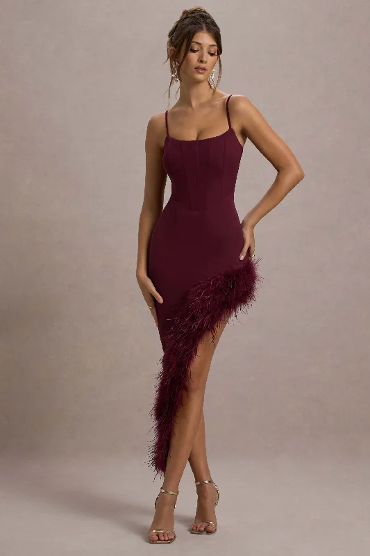 Maxi Dresses for Sunset Dates -High Status | Burgundy Strappy Corset Asymmetric Maxi Dress With Feather Trim